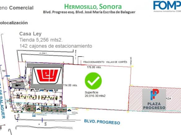 Lote comercial en Hermosillo, Sonora, cerca de Boulevard Progreso con amplia superficie de 20,016 m² y estacionamiento, ideal para negocios y desarrollos comerciales.