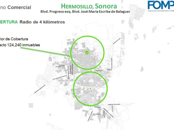 Amplio terreno comercial en Hermosillo, Sonora con excelente ubicación y impacto de 124,240 inmuebles, ideal para inversión en bienes raíces comerciales en zona de alta demanda.