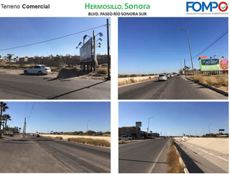 Amplias vistas de la zona comercial en Hermosillo, Sonora, con rutas principales y señalización vial para facilitar el acceso a bienes raíces comerciales.