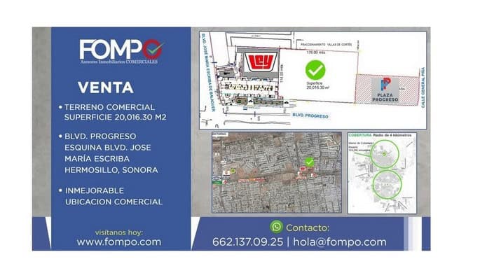 Terreno comercial en venta en Hermosillo Sonora en FOMPO Bienes Raíces Comerciales, excelente ubicación sobre Blvd Progreso, ideal para invertir o desarrollar proyecto.