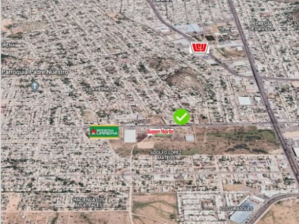 Lageplan für Gewerbeimmobilien in Mexiko-Stadt, ideal für Investitionen und urbane Entwicklungsprojekte. Zentrale Lage nahe SuperNorte, mit Zugang zu Hauptstraßen und Gewerbegebieten.