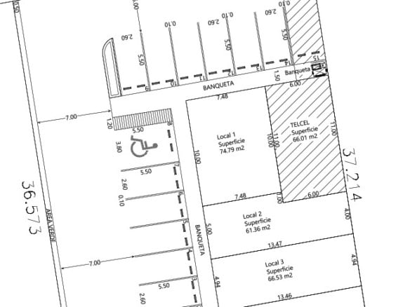 41. Plano de inmueble comercial en Fompo Bienes Raíces, ideal para inversión y desarrollo empresarial, con diferentes locales y superficies, excelente ubicación en la ciudad.