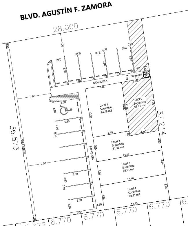 41. Plano de inmueble comercial en Fompo Bienes Raíces, ideal para inversión y desarrollo empresarial, con diferentes locales y superficies, excelente ubicación en la ciudad.