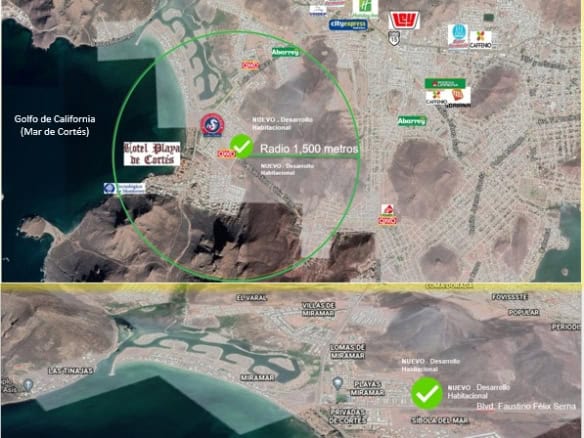 Atractivo mapa de ubicación para bienes raíces comerciales en Los Cabos, con señalización de desarrollos y servicios clave, destacando ventajas competitivas y la cercanía al Golfo de California.