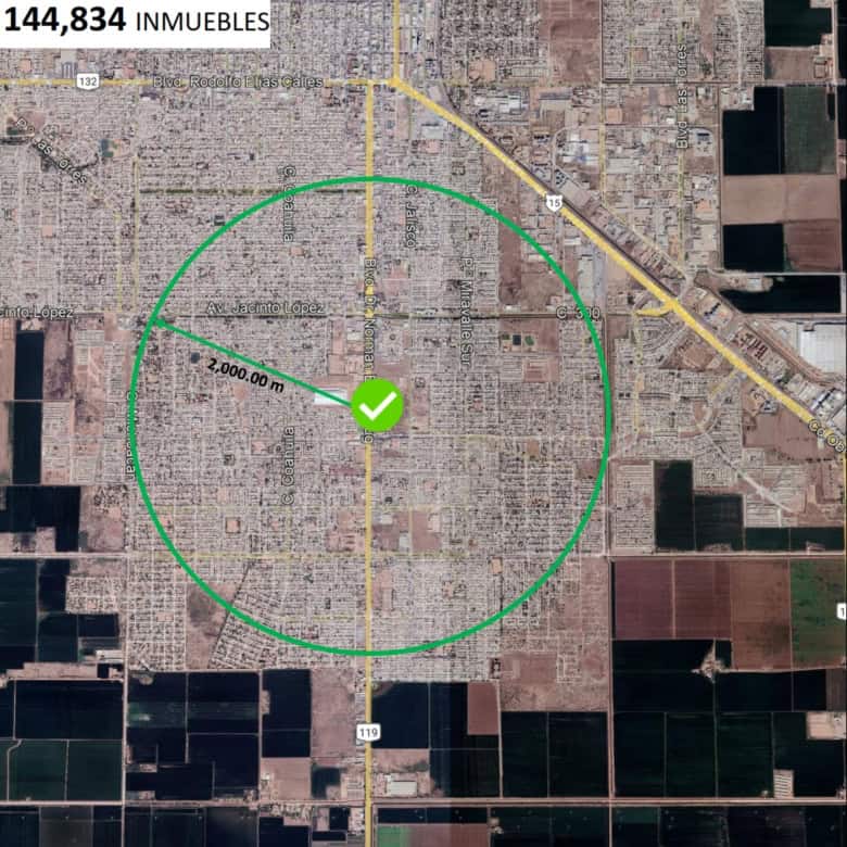 Amplia propiedad inmobiliaria de 144,834 inmuebles y radio de 2,000 metros en zonas comerciales y residenciales de alta demanda. Oportunidad de inversión en bienes raíces comerciales en la zona.