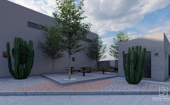 Moderno espacio de descanso exterior con áreas verdes y mobiliario de madera, ideal para propiedades comerciales y oficinas en bienes raíces.