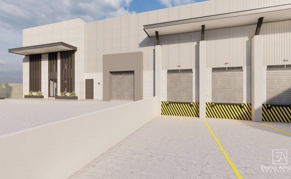 Vendedor de bienes raíces comerciales con edificio moderno y almacenes para oficinas y almacenamiento.