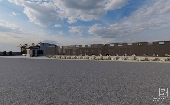 Fompo bienes raíces comerciales, nuevo edificio industrial y de oficinas en desarrollo, фотографии на горизонте con amplio espacio de estacionamiento y vista despejada, ideales para inversión.