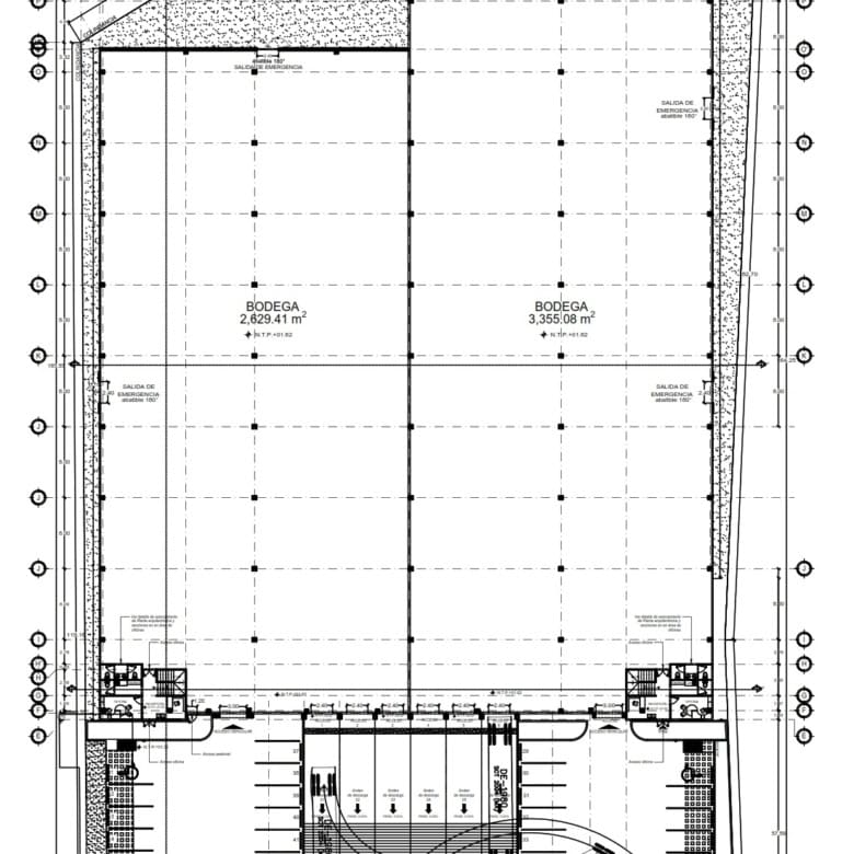 Bodega comercial de grandes dimensiones en proyecto arquitectónico, ideal para almacenamiento y logística en zonas industriales o comerciales. Diseño funcional y espacios optimizados para tu negocio.
