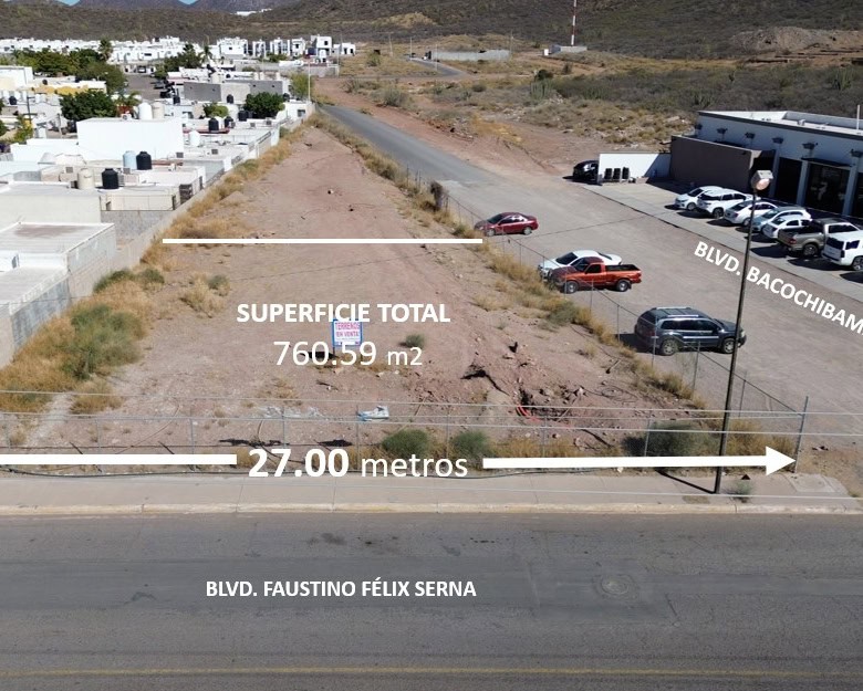 Amplio terreno comercial en venta en Blvd. Faustino Félix Serna, ideal para inversión y desarrollo inmobiliario, con superficie de 760.59 m2 y visible desde la calle.