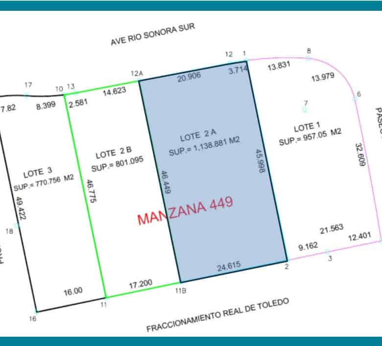 Lote de terrenos comerciales en venta en colonia Manzana 449, ubicado en la ciudad de Toledo, con superficies desde 770 m² hasta 1,138 m², ideal para inversión inmobiliaria y desarrollo comercial.