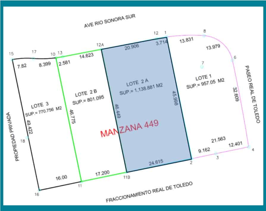 División DOS FRACCIONES Lote de terrenos comerciales en venta en colonia Manzana 449, ubicado en la ciudad de Toledo, con superficies desde 770 m² hasta 1,138 m², ideal para inversión inmobiliaria y desarrollo comercial.