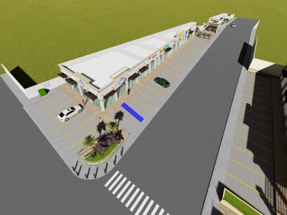 Alto: Fachada de centro comercial con locales en venta, estacionamiento y área peatonal, ideal para inversión en bienes raíces comerciales en Fompo.