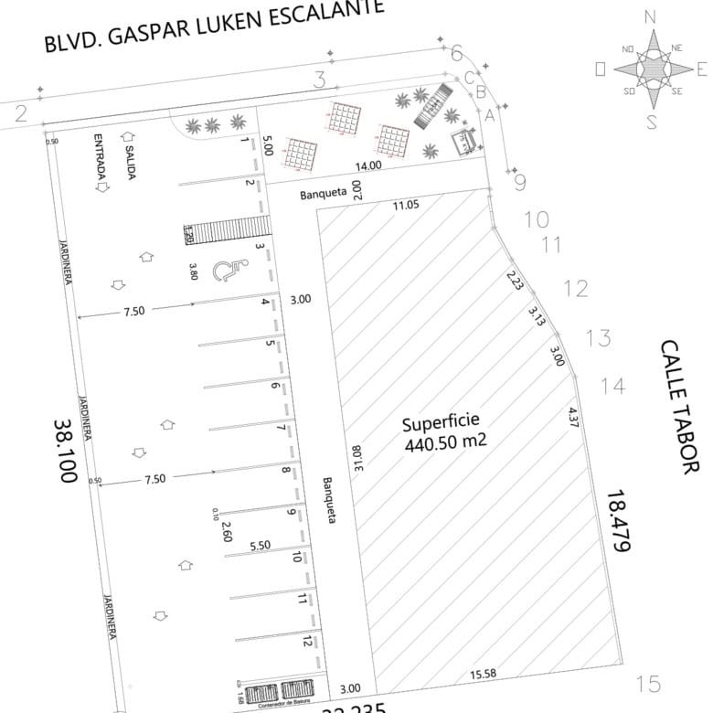 Amplia propiedad comercial con superficie de 440.50 m2, ubicada en calle Tabora con dimensiones detalladas, lista para inversión o desarrollo en bienes raíces comerciales.