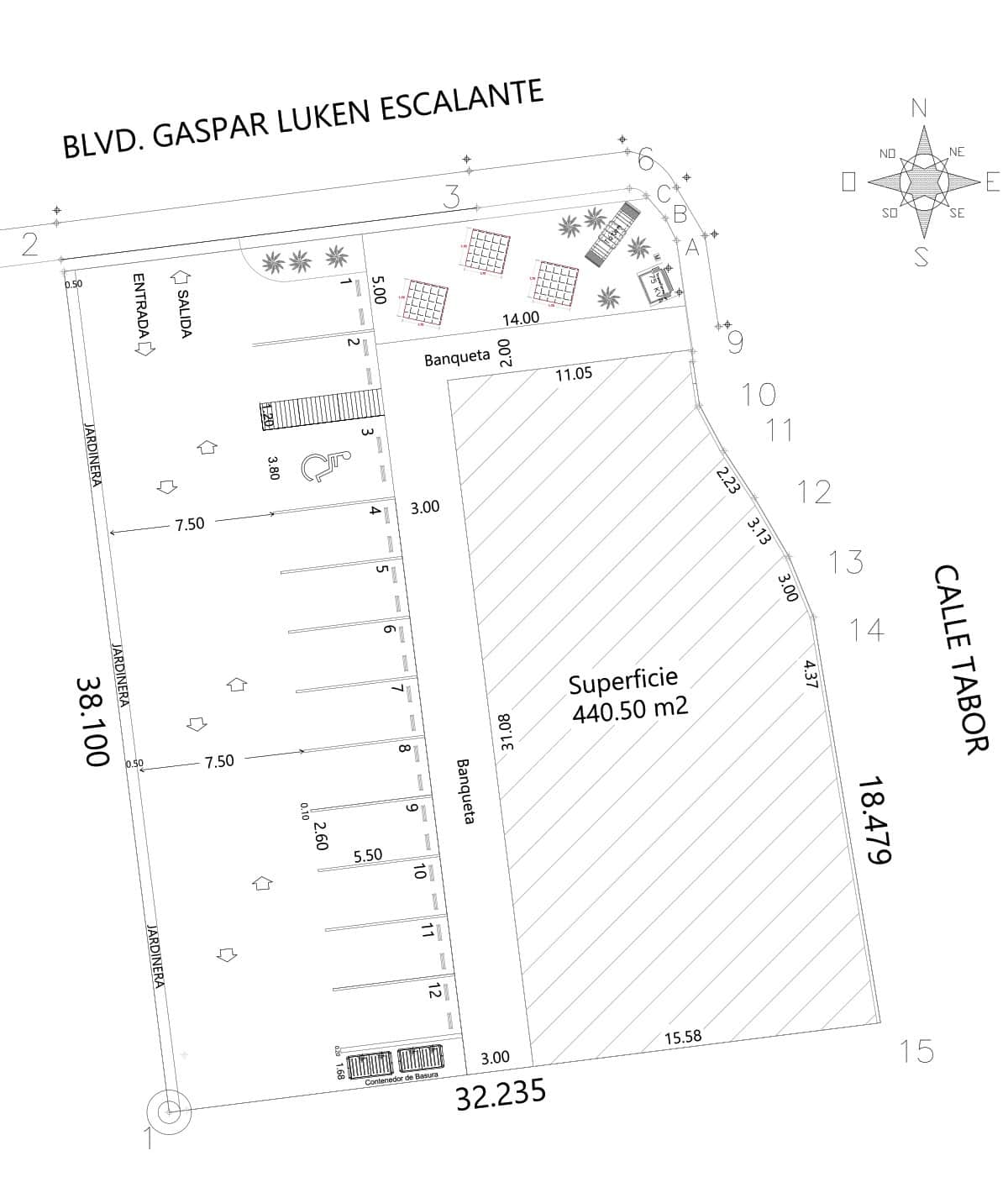 Blvd Gaspar Luken Escalante No 1105 . 1.5.1-model_ Amplia propiedad comercial con superficie de 440.50 m2, ubicada en calle Tabora con dimensiones detalladas, lista para inversión o desarrollo en bienes raíces comerciales.