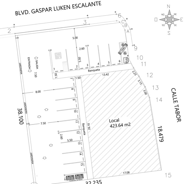 Amplio plano de propiedad comercial en venta con área de 423.64 m², espacios para estacionamiento y acceso fácil desde calletabler, ideal para inversión en bienes raíces comerciales.
