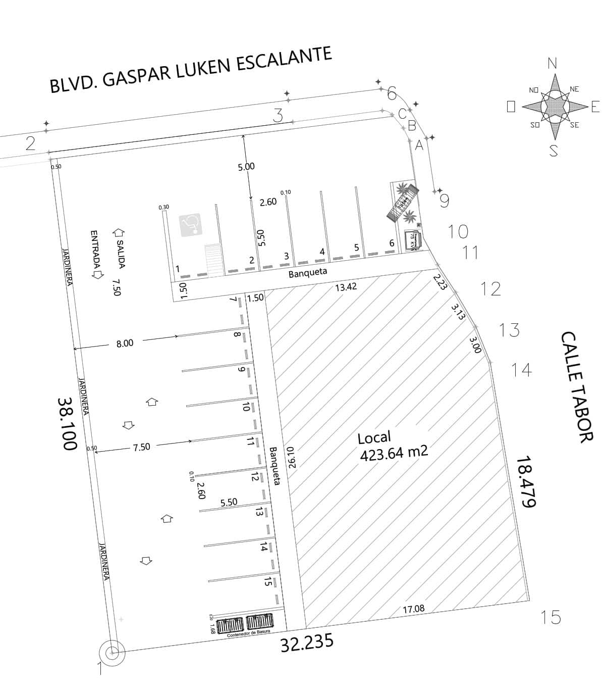 Blvd Gaspar Luken Escalante No 1105 . 1.6-model_ Amplio plano de propiedad comercial en venta con área de 423.64 m², espacios para estacionamiento y acceso fácil desde calletabler, ideal para inversión en bienes raíces comerciales.