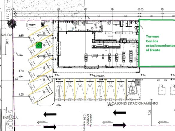 Bienes raíces comerciales en Fompo, plano de terreno con estacionamientos frontales y áreas de oficina, ideal para inversión y desarrollo comercial, ubicación estratégica con múltiples opciones de accesibilidad.