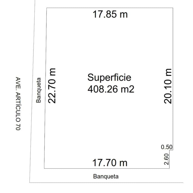 Amplia parcela de terreno para inversión en bienes raíces comerciales, con superfícies y medidas detalladas en el plano, ubicada en una zona estratégica.