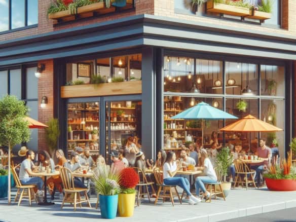Moderno edificio comercial de oficinas con terraza en el centro urbano, con clientes disfrutando en un restaurante al aire libre, ideal para inversión en bienes raíces comerciales.