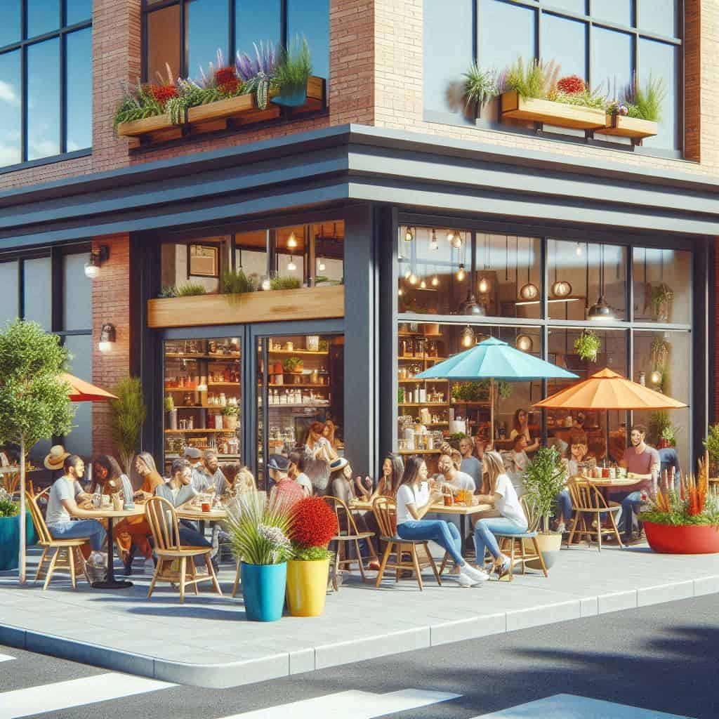 Moderno edificio comercial de oficinas con terraza en el centro urbano, con clientes disfrutando en un restaurante al aire libre, ideal para inversión en bienes raíces comerciales.