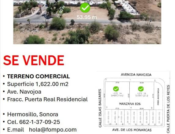 Terreno comercial en venta en Hermosillo, Sonora, con 1622 m², ubicado en avenida Navojoa, ideal para proyectos residenciales o comerciales en fracciones de Puerta Real.