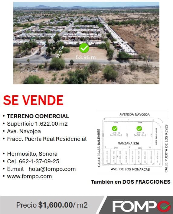 Terreno comercial en venta en Hermosillo, Sonora, con 1622 m², ubicado en avenida Navojoa, ideal para proyectos residenciales o comerciales en fracciones de Puerta Real.