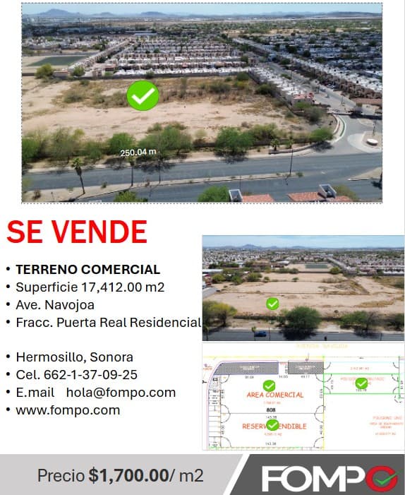 Amplio terreno comercial en venta en Hermosillo, Sonora, con 17,412 m² de superficie, ideal para proyectos residenciales o comerciales en avenida Navojoa. Excelente oportunidad de inversión inmobiliaria.