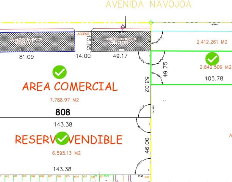 Amplio plano de inmueble comercial y reservable en Fompo Bienes Raíces Comerciales, ideal para inversión y desarrollo urbano, con áreas destacadas para uso comercial y urbano.