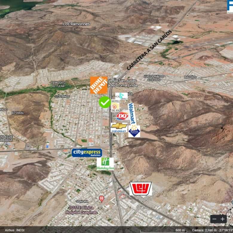 Lote en venta en Guaymas, ideal para desarrollo inmobiliario y comercial, cerca de supermercados, hoteles y comercio, con fácil acceso a la carretera y servicios cercanos.