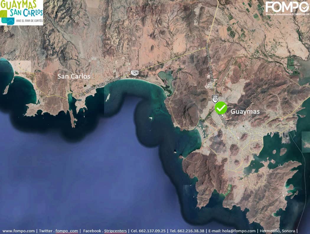 Vista satelital de Guaymas y San Carlos, Sonora, con detalles de acceso a zonas costeras y principales vías de comunicación para propiedades comerciales.