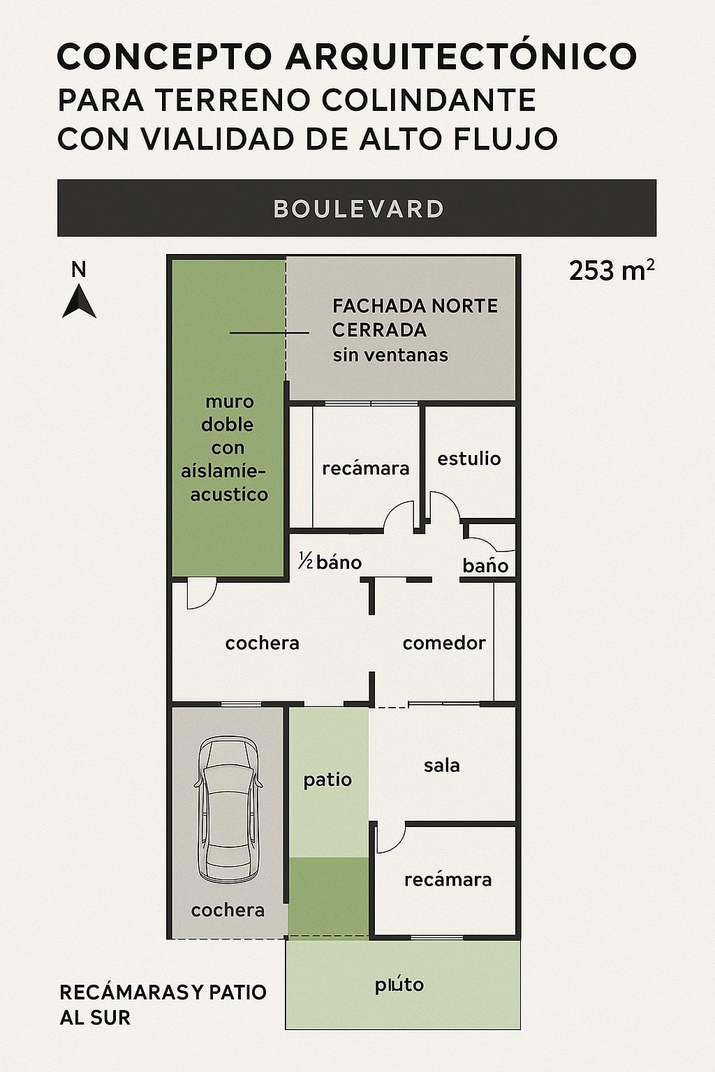 Amplio plano arquitectónico de propiedad residencial en zona con alta circulación vehicular, con patio, recámaras, baño completo, medio baño, estudio, sala, comedor y cochera doble, ideal para inversión en bienes raíces comerciales.