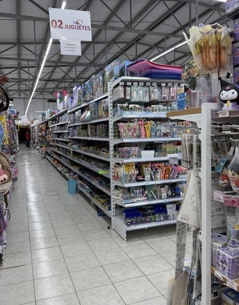 Amplio espacio de tienda con estanterías llenas de juguetes y productos de consumo en un centro comercial moderno. Ideal para inversión en bienes raíces comerciales.